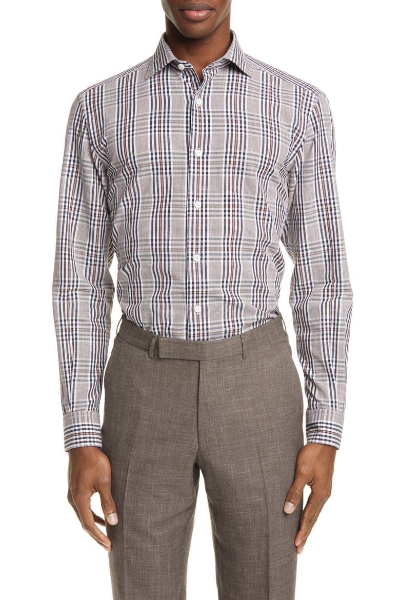 Ermenegildo Zegna Classic Fit Plaid Cotton & Linen Button-Up Shirt, Main, color, BLUE