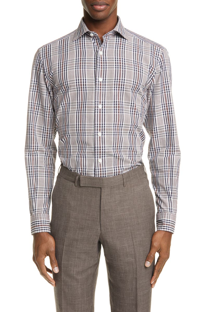 ZEGNA Ermenegildo Zegna Classic Fit Plaid Cotton & Linen Button-Up Shirt, Main, color, 