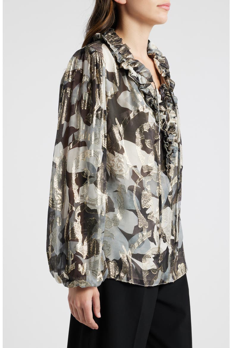 Boden Metallic Floral Tie Neck Silk Blend Top, Alternate, color, GRAPHITE M