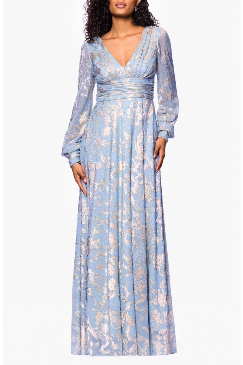 Foil Pattern Long Sleeve Gown, Main, color, PERIWINKLE/GOLD