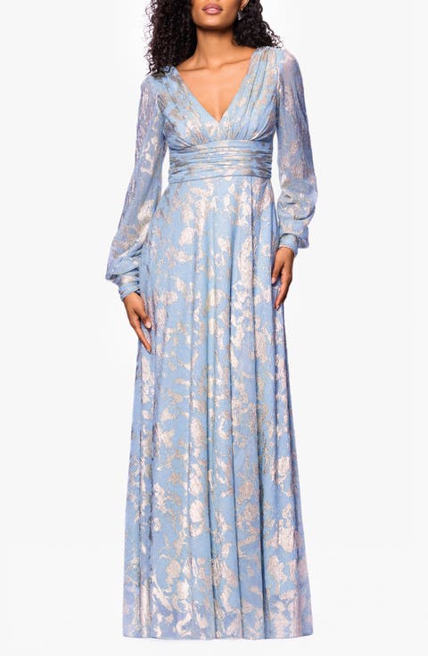 Foil Pattern Long Sleeve Gown