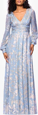 Betsy & Adam Foil Pattern Long Sleeve Gown