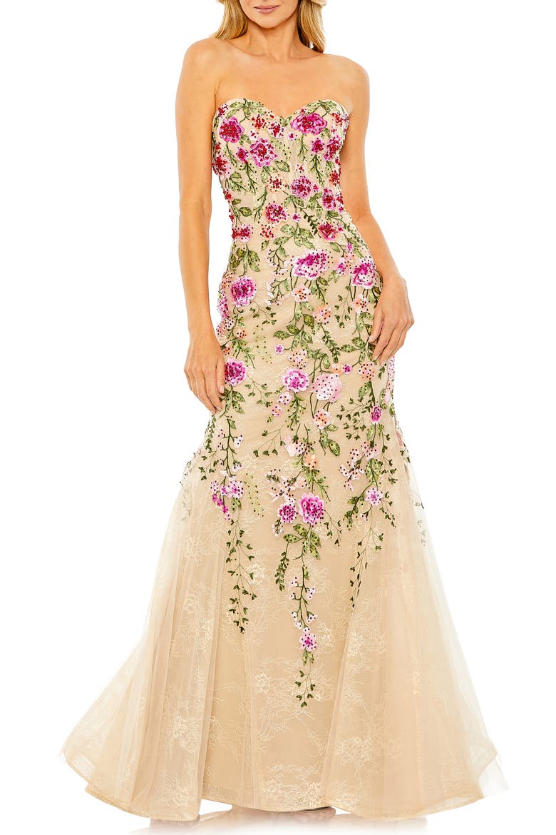 Strapless Sheer Bustier Embroidered Mermaid Gown, Main, color, PINK MULTI
