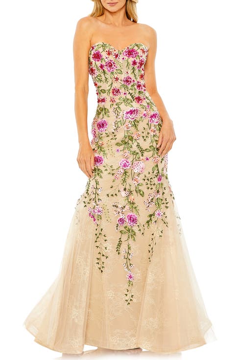 Strapless Sheer Bustier Embroidered Mermaid Gown