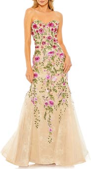 Mac Duggal Strapless Sheer Bustier Embroidered Mermaid Gown