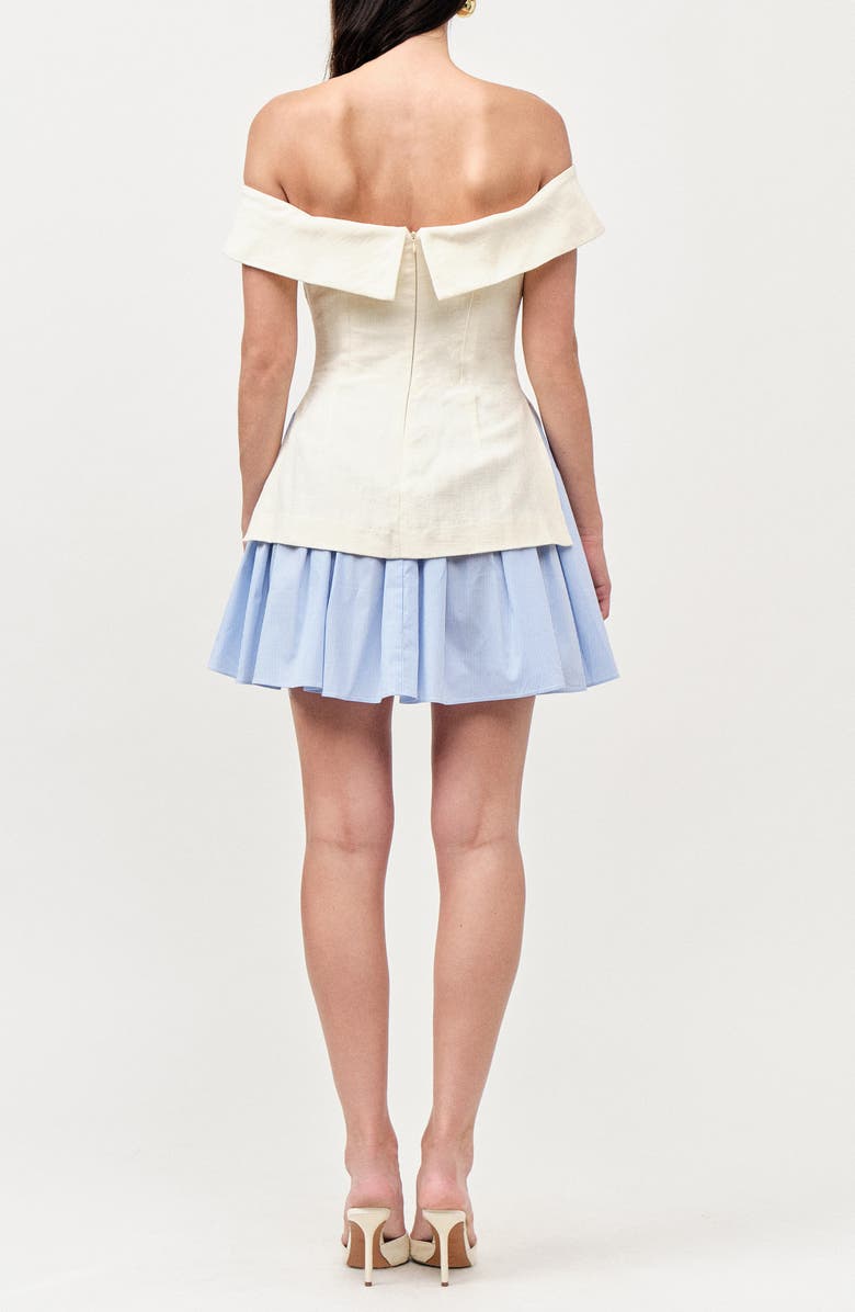 MAUDE CLUB Grace Off the Shoulder Mixed Media Minidress, Alternate, color, Ivory Blue Stripe