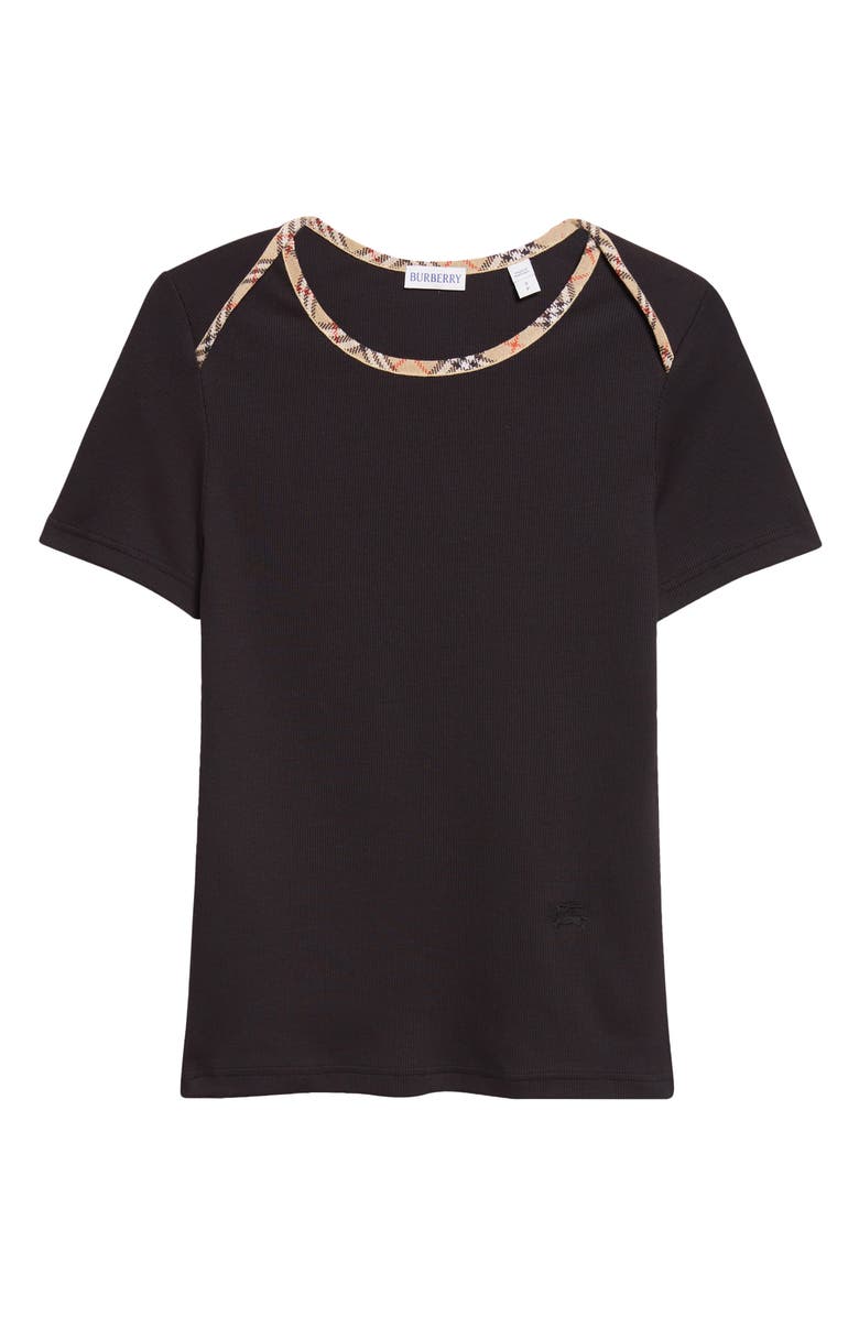 Burberry Stephanie Slim Fit Check Trim Stretch Cotton Rib T-Shirt, Main, color, Black