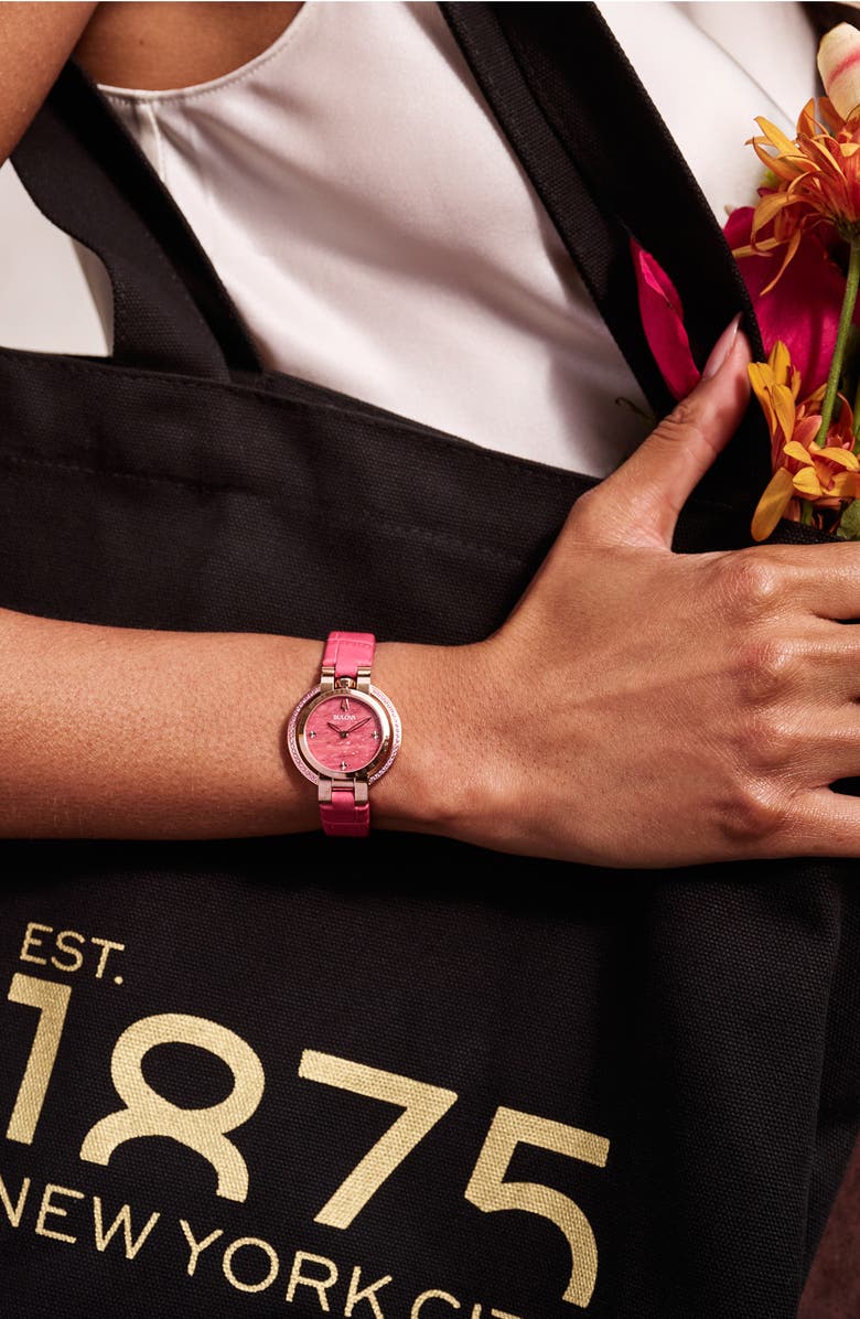 BULOVA Rubaiyat Sapphire Leather Strap Watch, 30mm, Alternate, color, Rose Gold-Tone