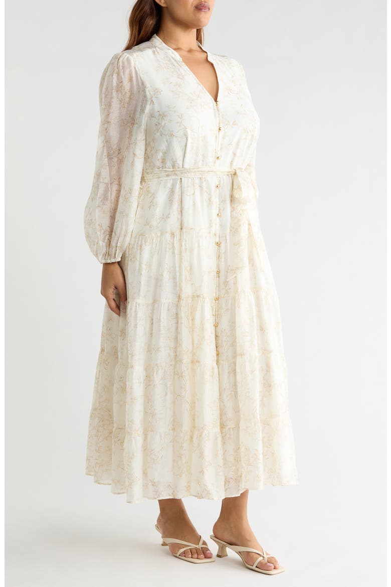 Floral Long Sleeve Tiered Shirtdress, Alternate, color, CAMEL