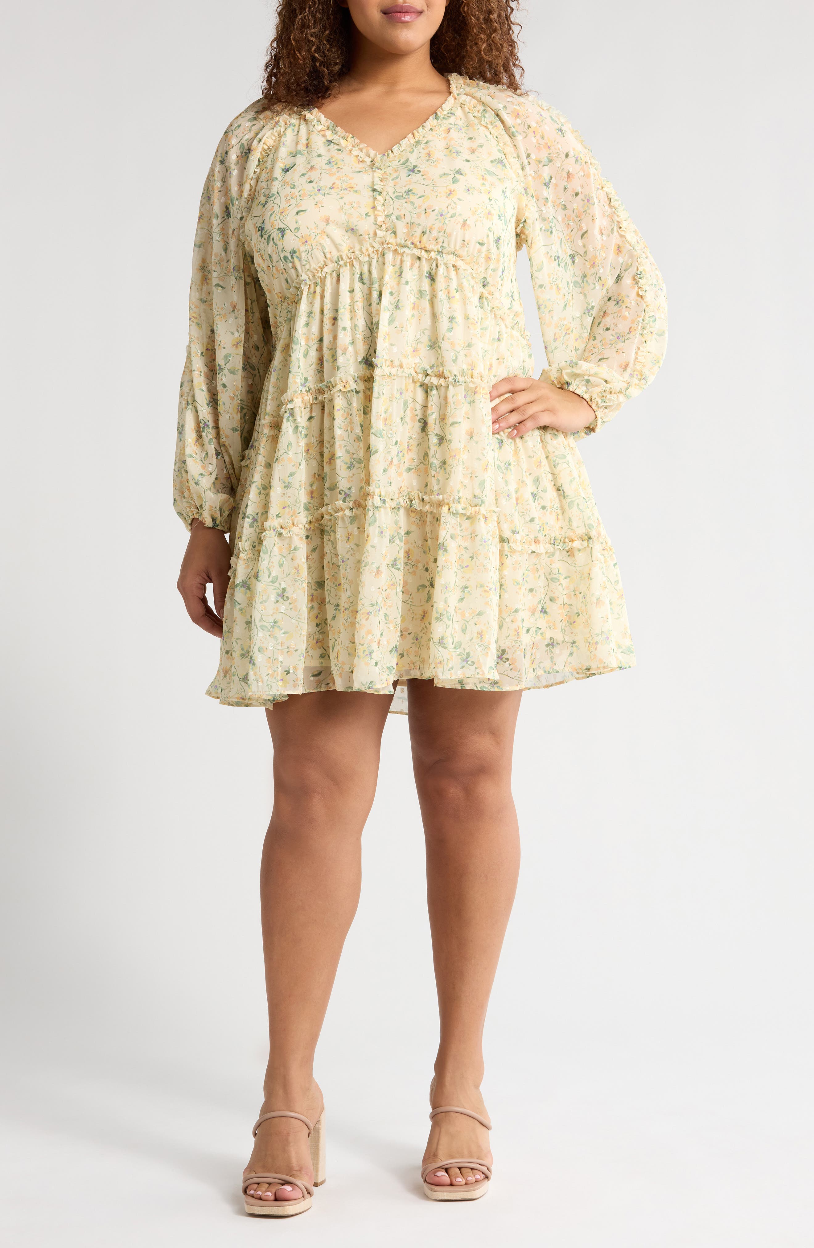 Chelsea28 Floral Print Ruffle Long Sleeve Chiffon Dress