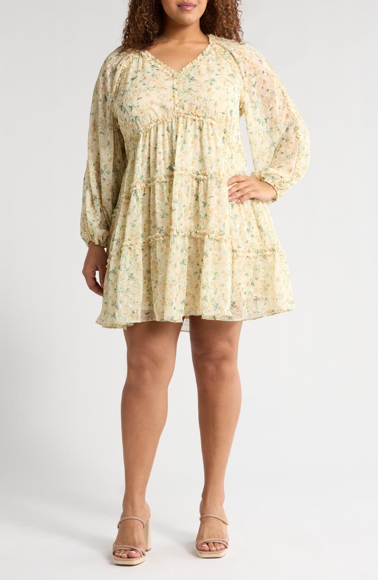 Chelsea28 Floral Print Ruffle Long Sleeve Chiffon Dress, Main, color, Yellow Floral