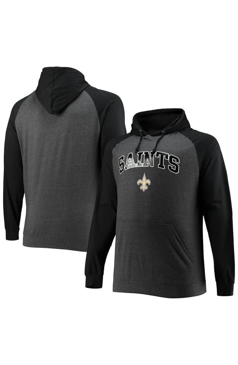 FANATICS Men's Fanatics Branded Black/Heathered Charcoal New Orleans Saints Big & Tall Lightweight Raglan Pullover Hoodie, Alternate, color, 