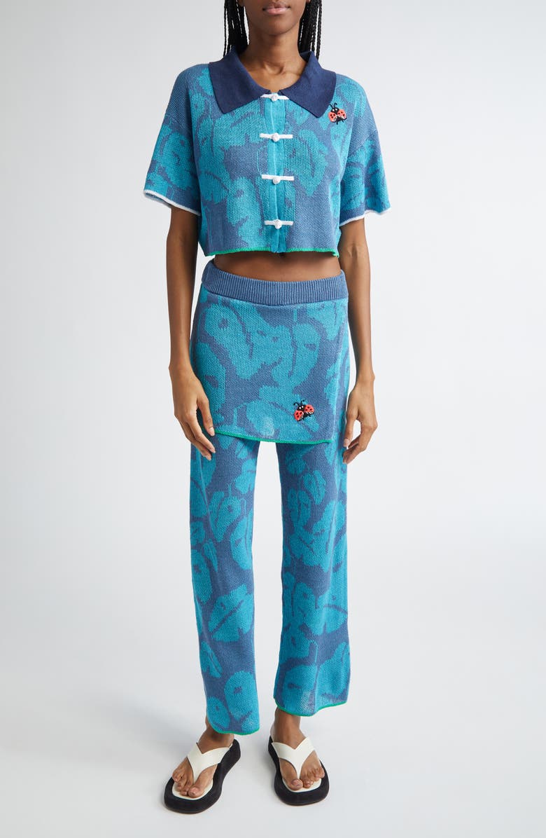 YanYan Monstera Jacquard Baggy Linen Skirt Pants, Alternate, color, 