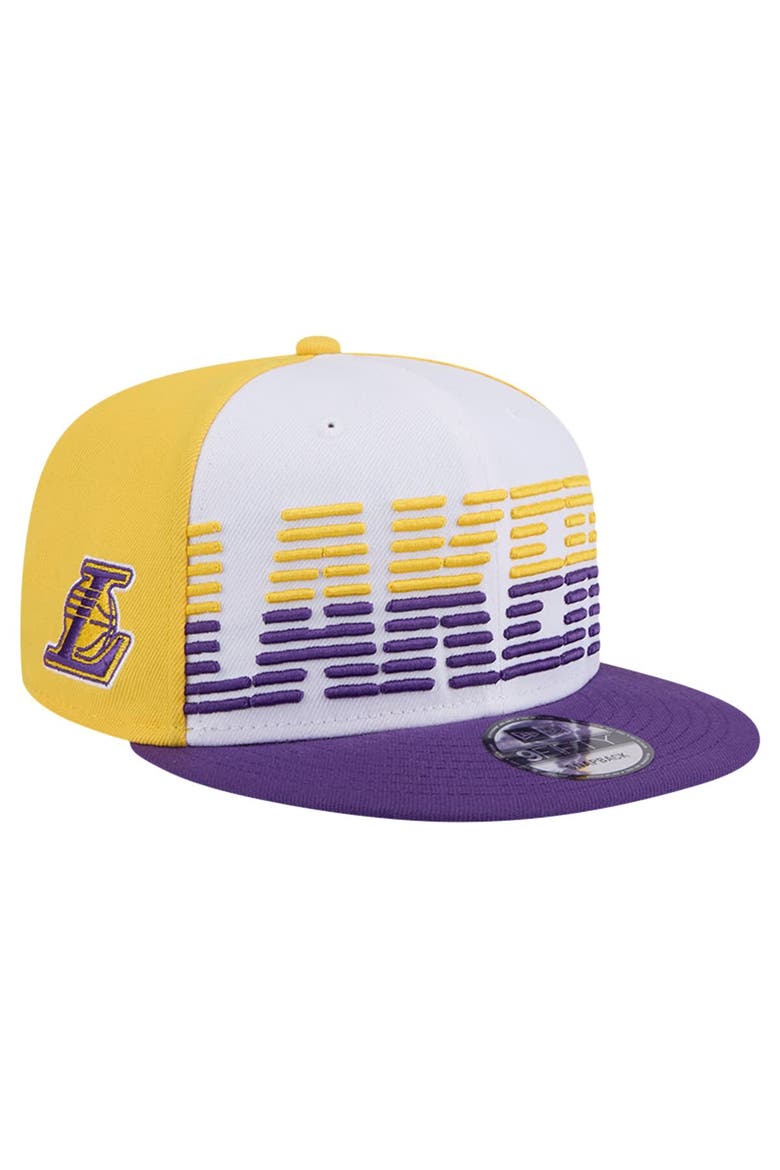 Men's New Era White/Purple Los Angeles Lakers Throwback Gradient Tech Font 9FIFTY Snapback Hat, Main, color, White
