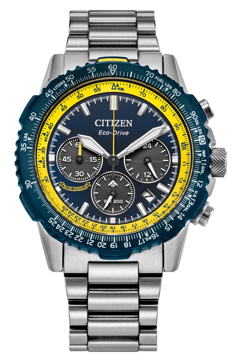 Promaster Navihawk Blue Angels Eco-Drive Chronograph Bracelet Watch, 40mm, Main, color, SILVER-TONE