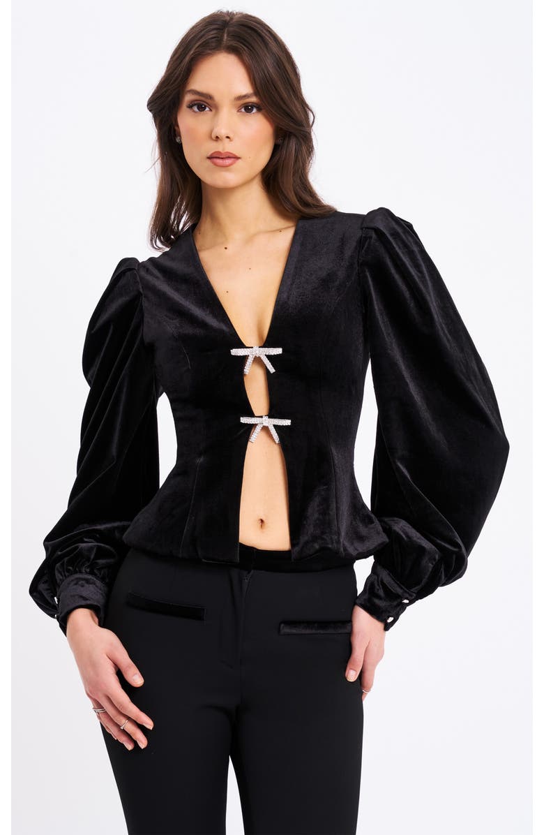 Miss Circle Krista Velvet Lantern Sleeve Top with Crystal Bow, Main, color, Black