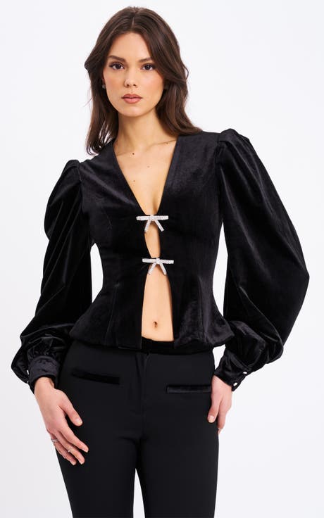 Krista Velvet Lantern Sleeve Top with Crystal Bow
