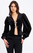 Miss Circle Krista Velvet Lantern Sleeve Top with Crystal Bow