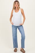 PinkBlush Blue Distressed Frayed Hem Slim Maternity Wide Leg Jeans