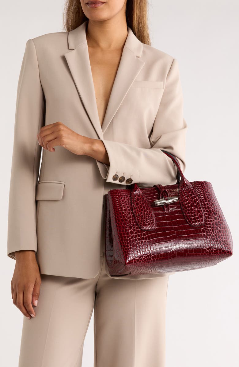 Longchamp Medium Roseau Croc Embossed Top Handle Crossbody Bag, Alternate, color,