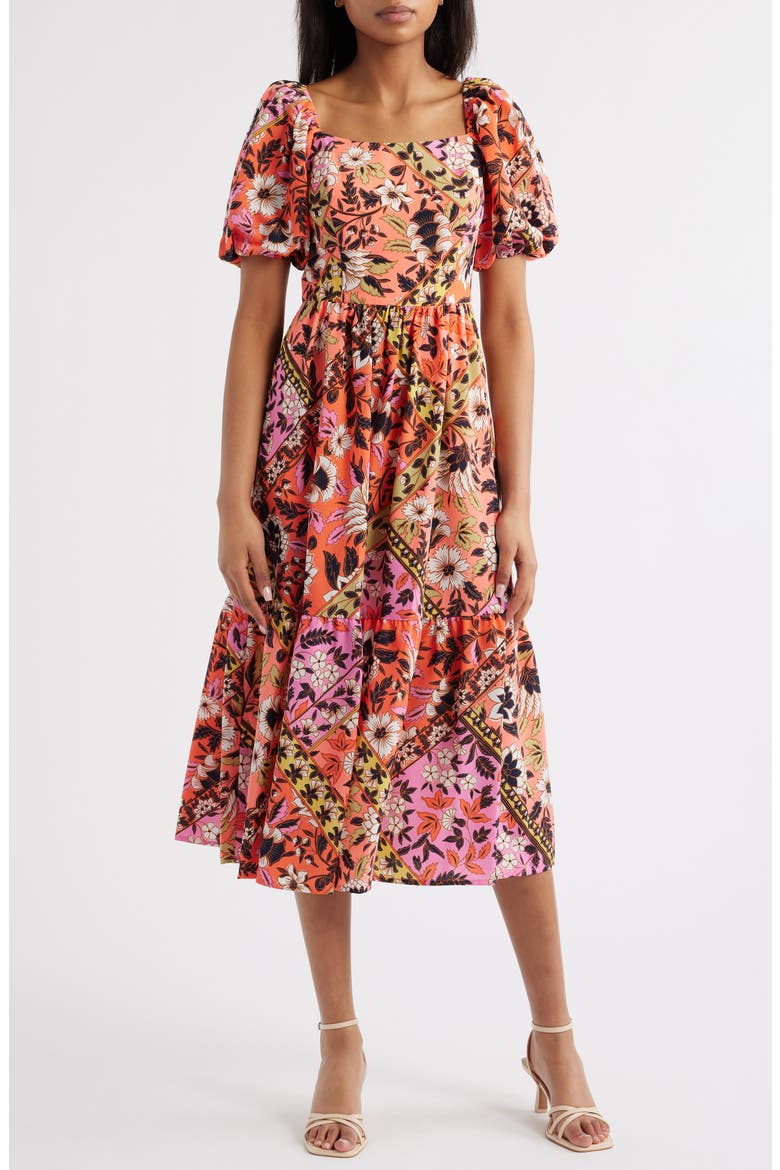 Print Square Neck Puff Sleeve Maxi Dress, Main, color, CORAL MULTI
