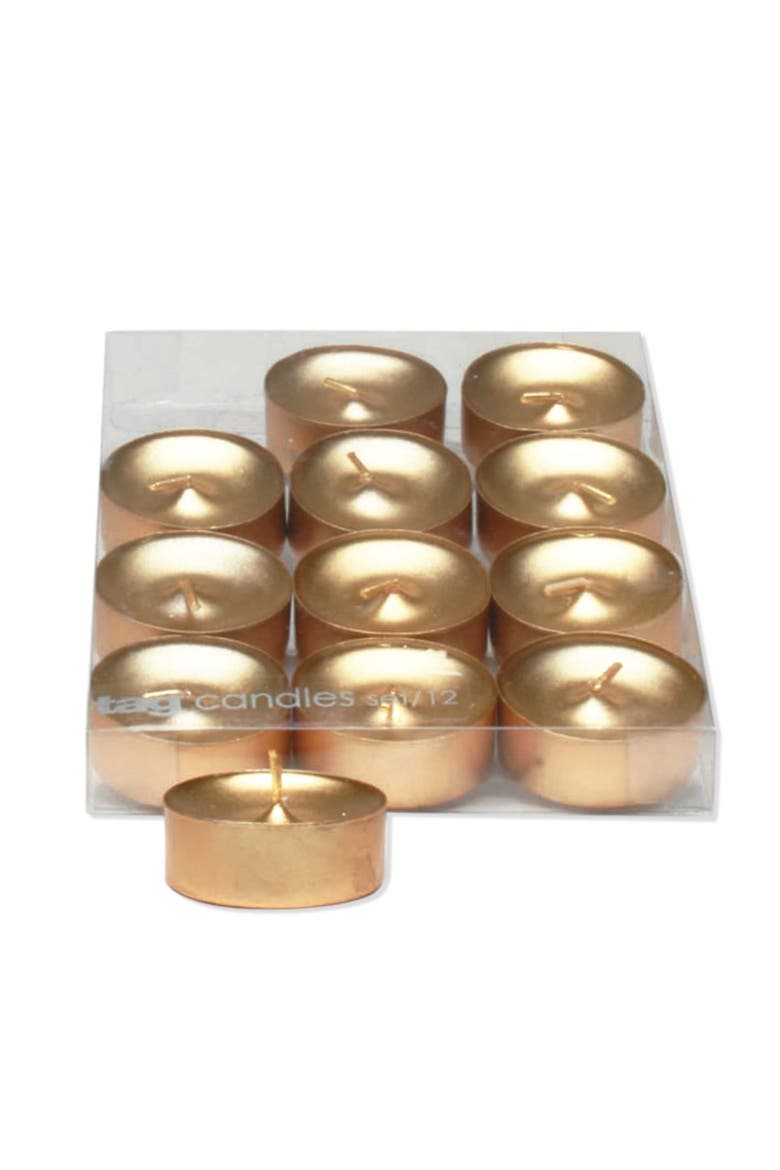 Shimmer Metallic Tealight Candles Set of Twelve Gold Lights, Main, color, Gold