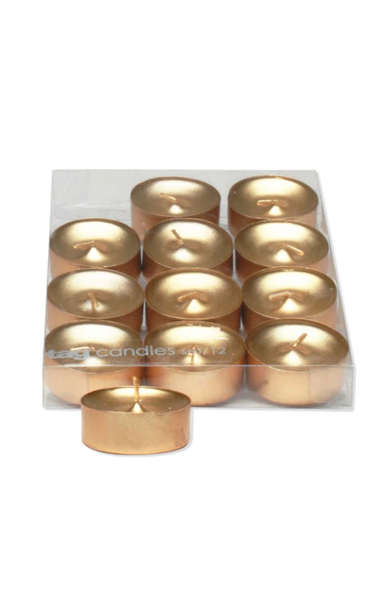tag Shimmer Metallic Tealight Candles Set of Twelve Gold Lights, Main, color, Gold