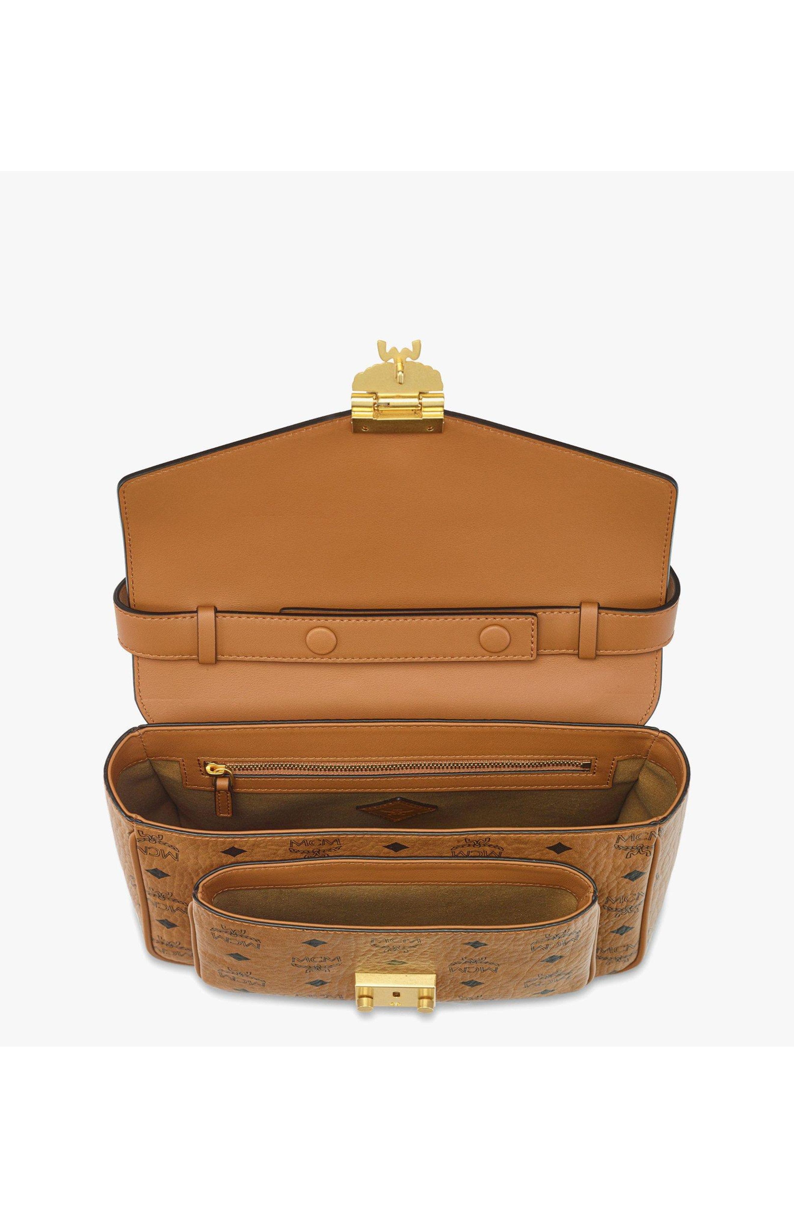 MCM Tracy Satchel in Visetos Leather Mix, Alternate, color, Cognac