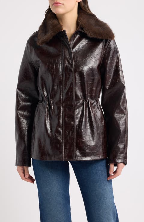 Croc Embossed Faux Leather Jacket with Faux Fur Collar