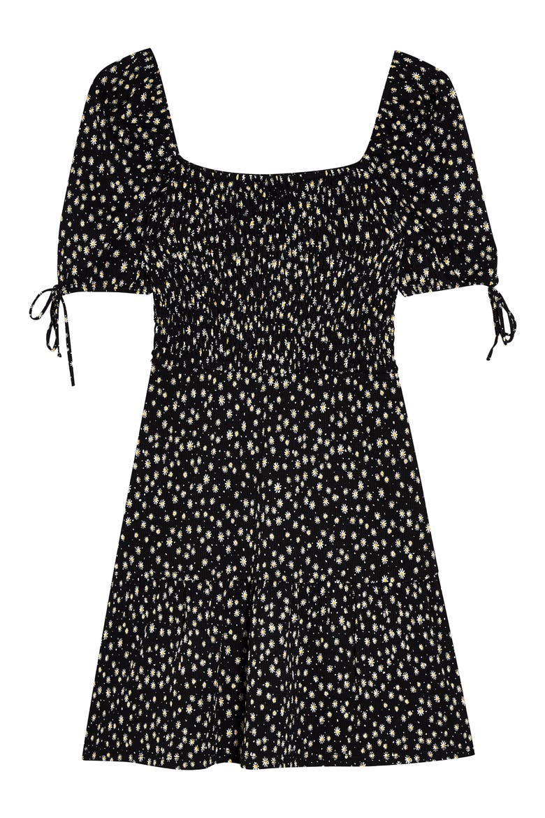 Shirred Tea Minidress, Alternate, color, BLACK MULTI