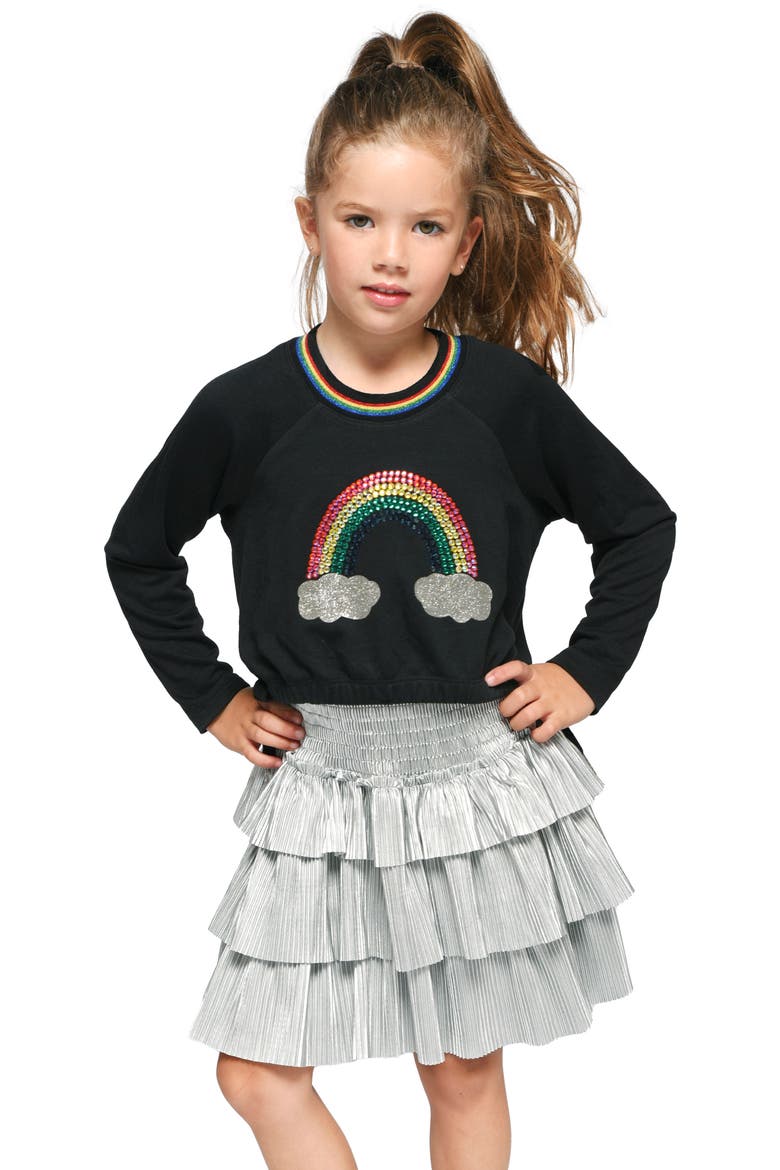 Kids' Mixed Media Rainbow Ruffle Dress, Alternate, color, BLACK MULTI