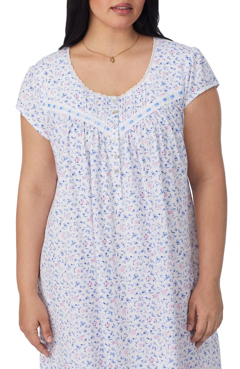 Eileen West Floral Cap Sleeve Cotton Jersey Short Nightgown, Alternate, color, White Ditsy