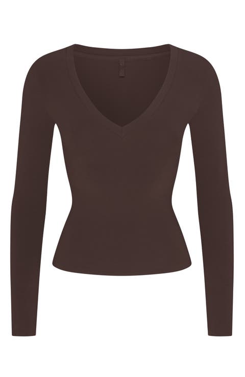 Cotton Jersey V-Neck Long Sleeve T-Shirt