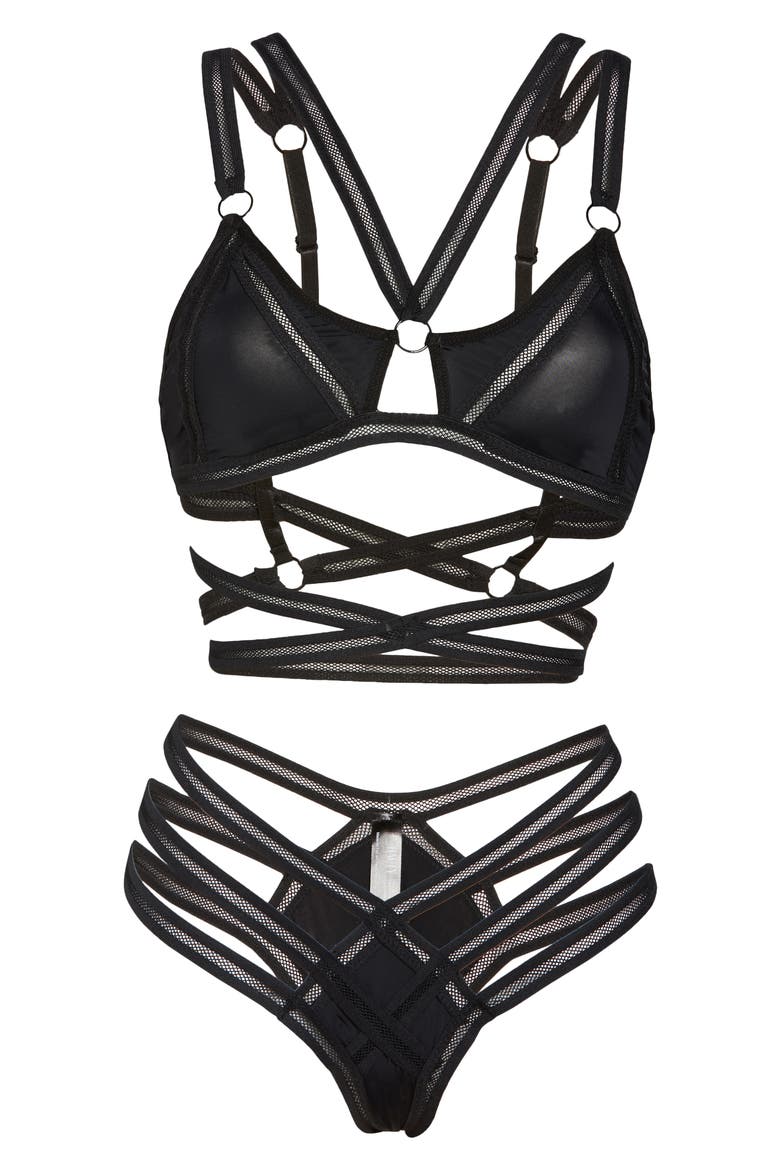 Along the Lines Halter Bra & Thong Set, Alternate, color, BLACK