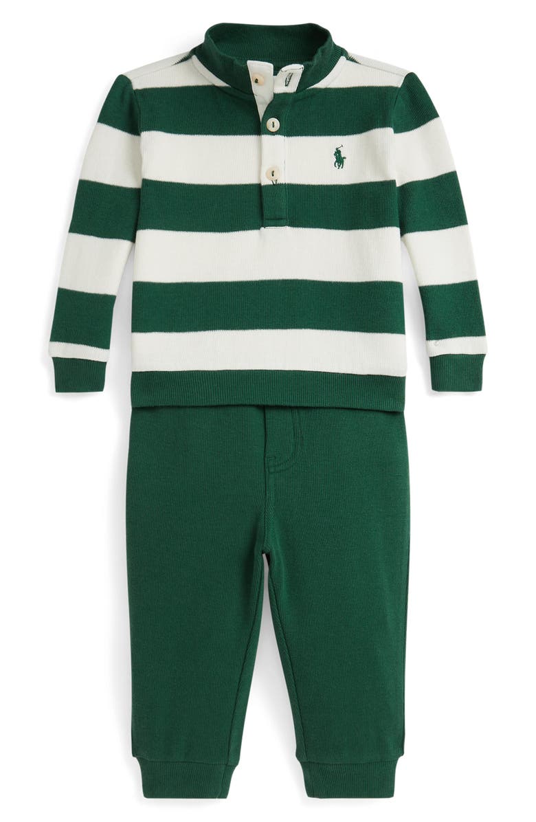 Ralph Lauren Estate Rib Stripe Cotton Rugby Shirt & Joggers Set, Main, color, Kelly Green Multi