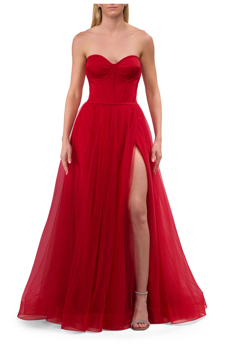 La Femme A-Line Tulle Dress with Satin Corset Bodice, Alternate, color, Red