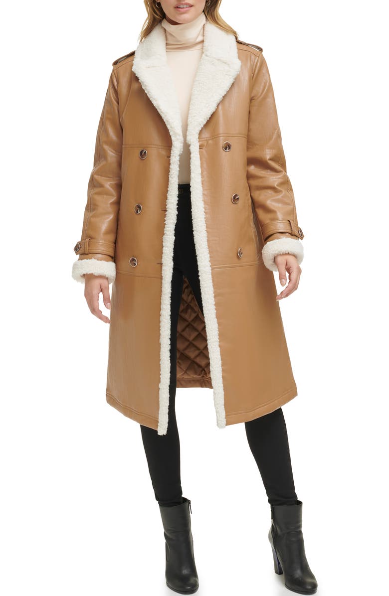 Kenneth Cole New York Faux Shearling & Faux Leather Trench Coat, Alternate, color, Tan