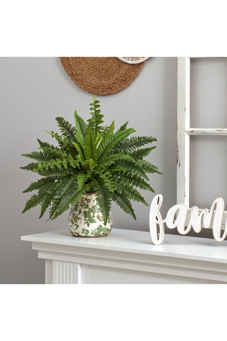 15-in Boston Fern Artificial Plant with Tuscan Ceramic Green Scroll Planter, Alternate, color, Green