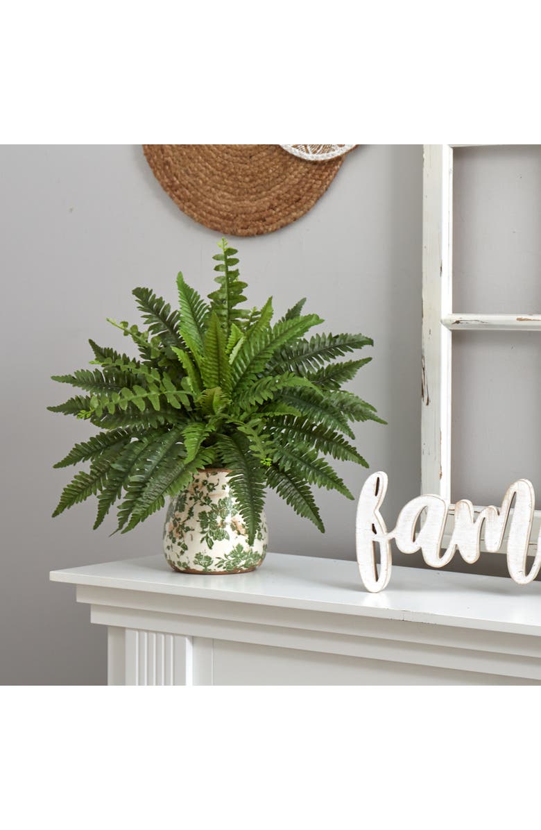 NEARLY NATURAL 15-in Boston Fern Artificial Plant with Tuscan Ceramic Green Scroll Planter, Alternate, color, Green