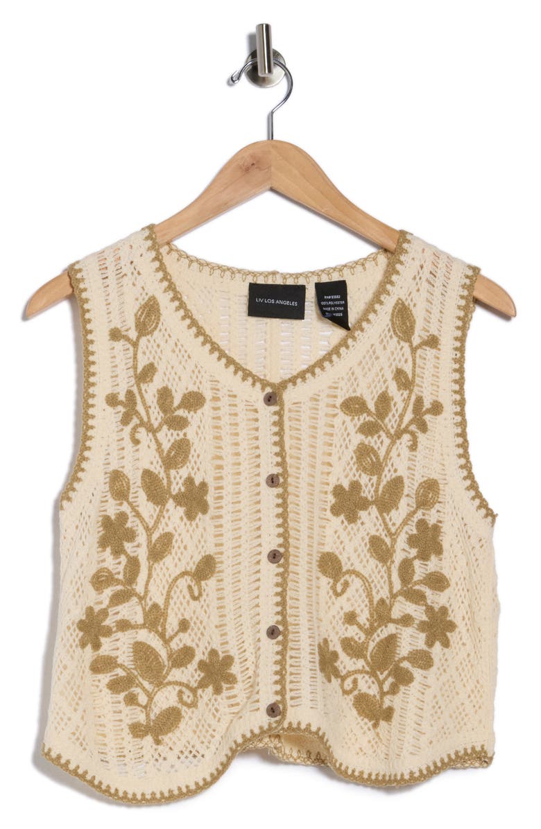 Forgotten Grace Floral Embroidered Open Knit Button Tank, Alternate, color, Natural/ Mocha