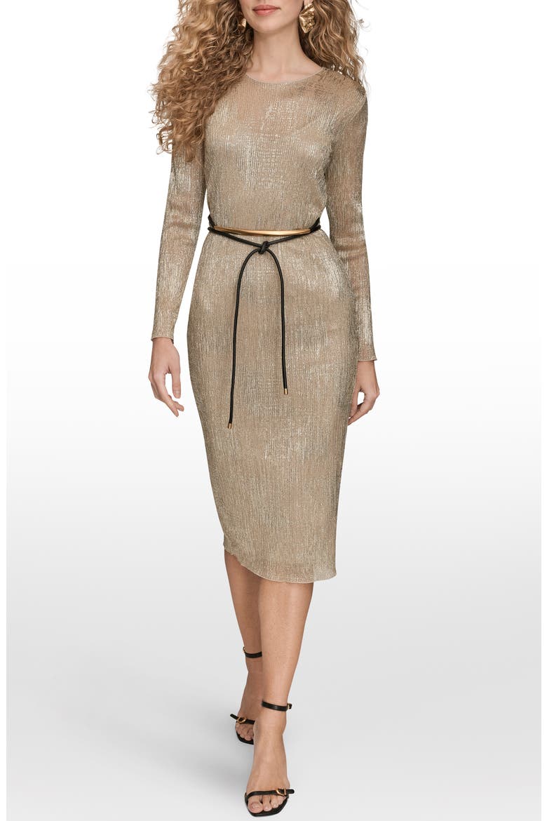 Metallic Belted Long Sleeve Mesh Midi Dress, Main, color, GOLD