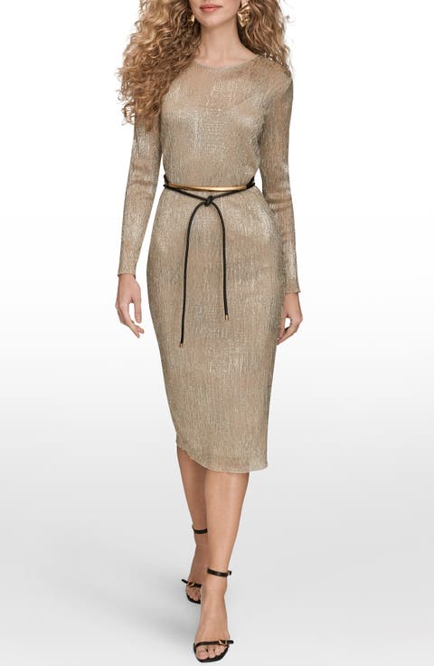 Metallic Belted Long Sleeve Mesh Midi Dress