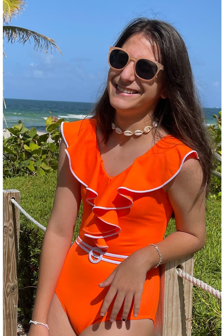 Kids' Vibrant Ruffle with Belt Detail One-Piece Swimsuit, Alternate, color, Orange