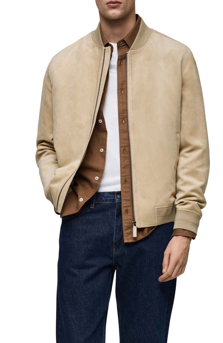 MANGO Faux Suede Bomber Jacket, Main, color, Ecru