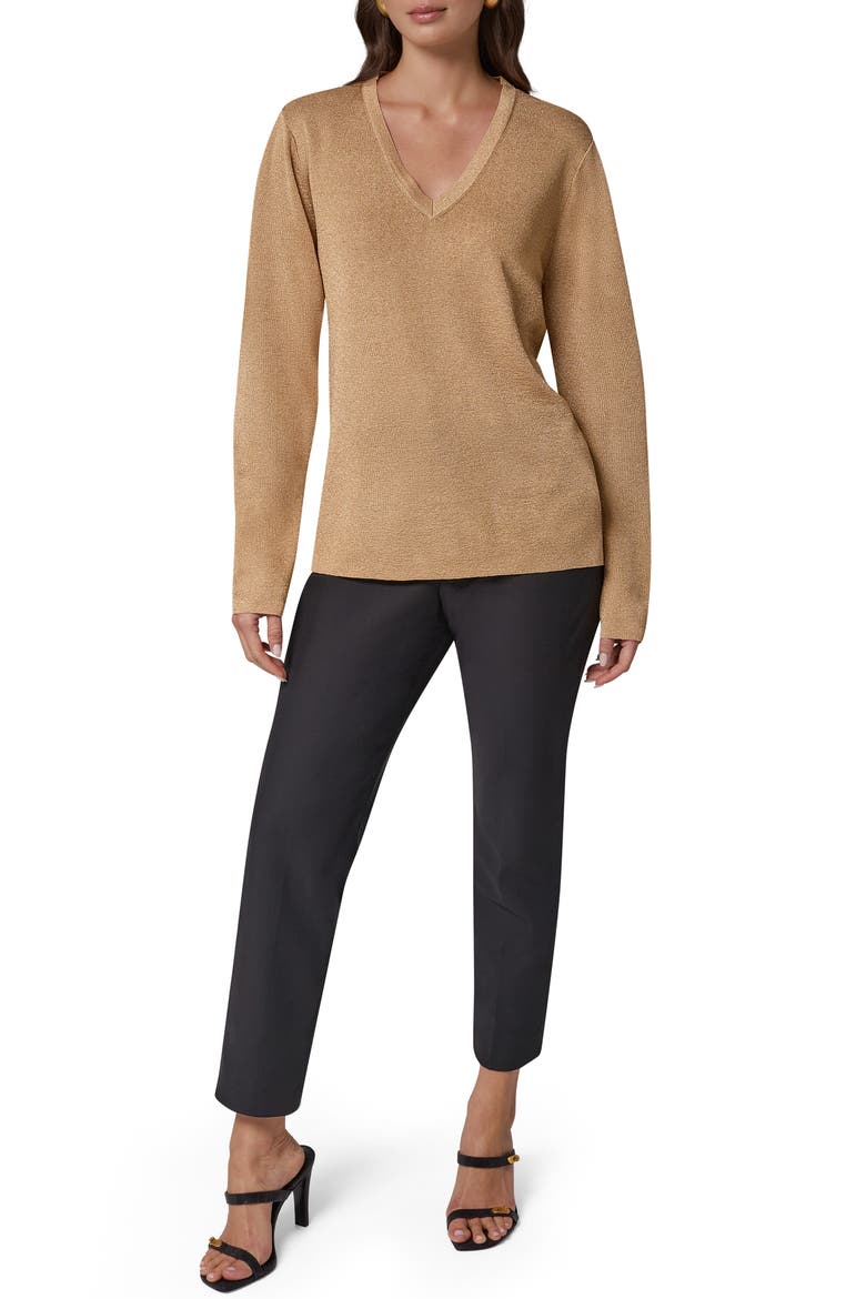 Metallic V-Neck Rib Sweater, Alternate, color, GOLD