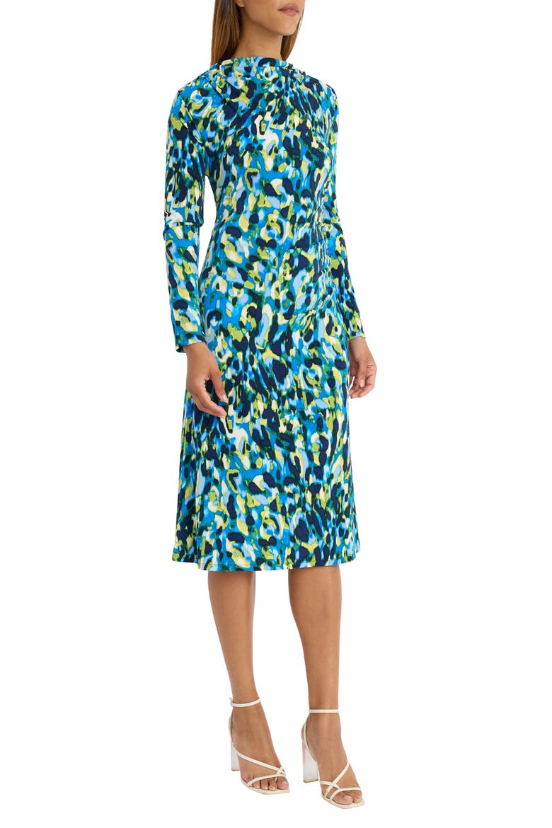 Funnel Neck Long Sleeve Draped Waist Midi Dress, Alternate, color, ROYAL BLUE/ CAMPANULA BLUE