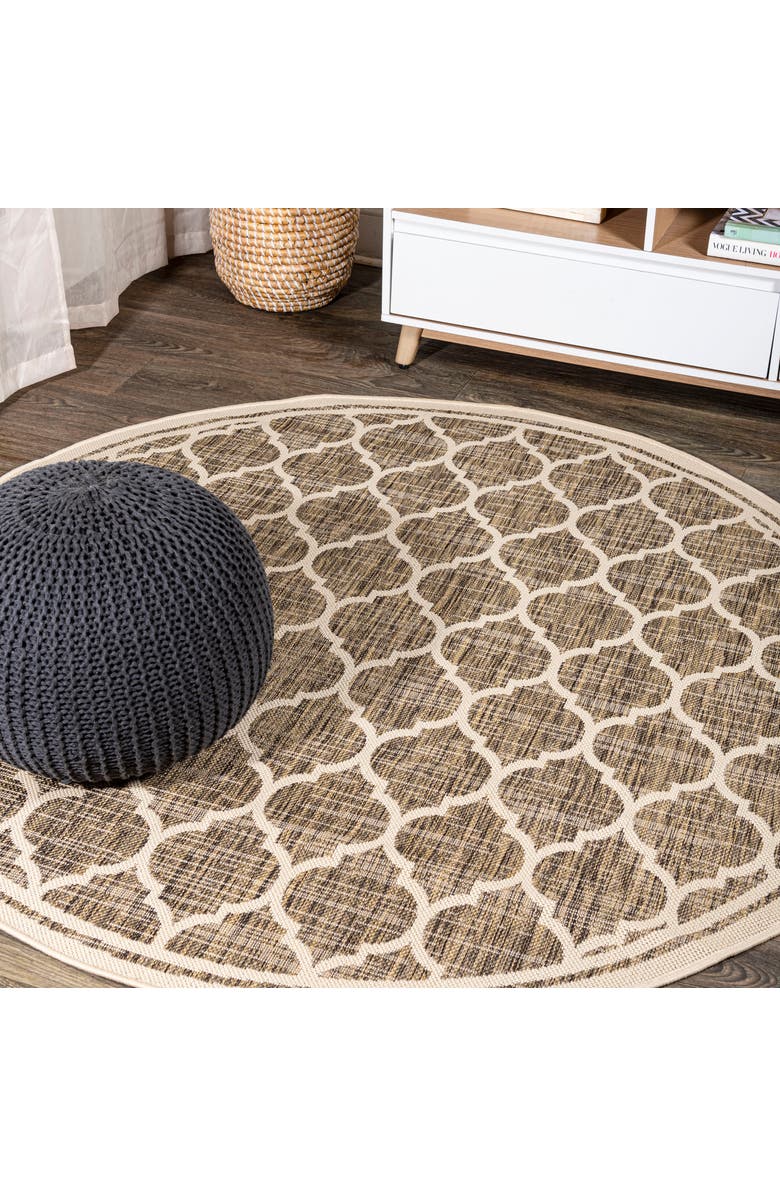 JONATHAN Y Trebol Moroccan Trellis Textured Weave Indoor/Outdoor Round Area Rug, Main, color, Brown/Beige