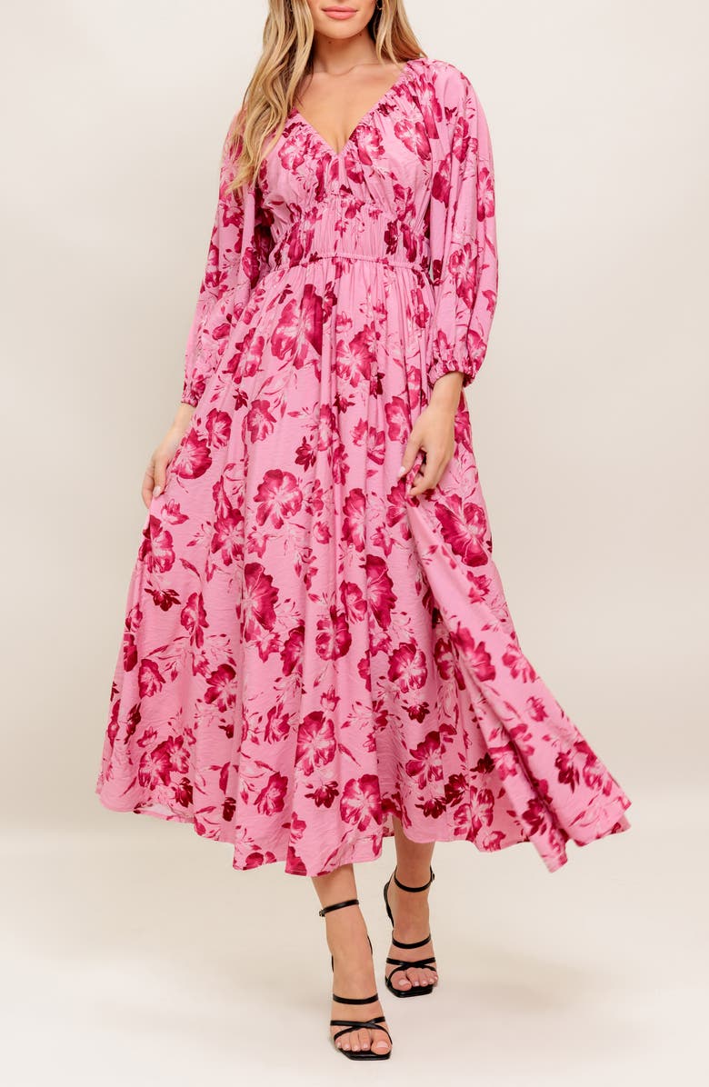 FLYING TOMATO Floral Long Sleeve Midi Dress, Alternate, color, Mauve