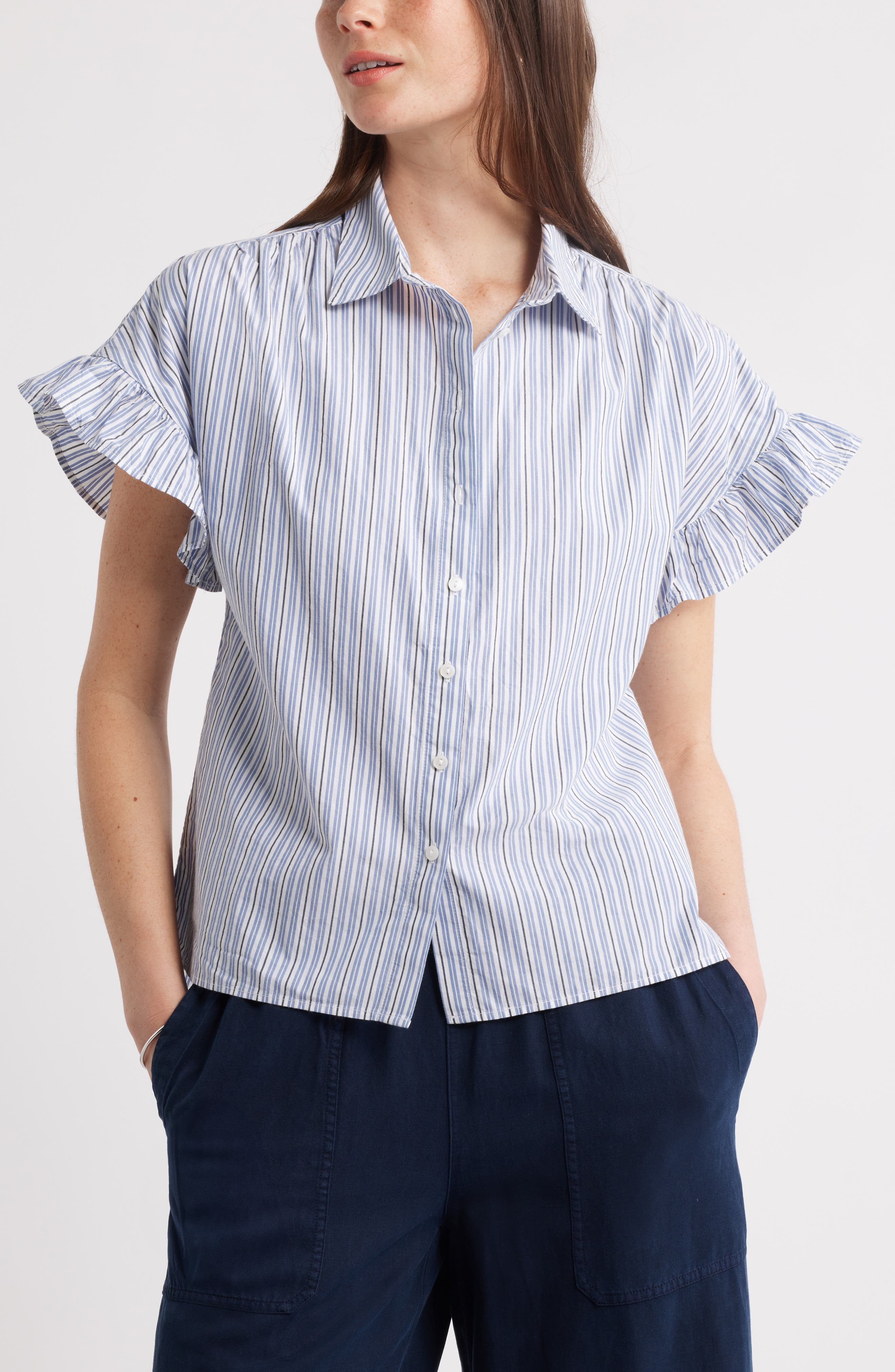 Caslon® Stripe Ruffle Sleeve Shirt