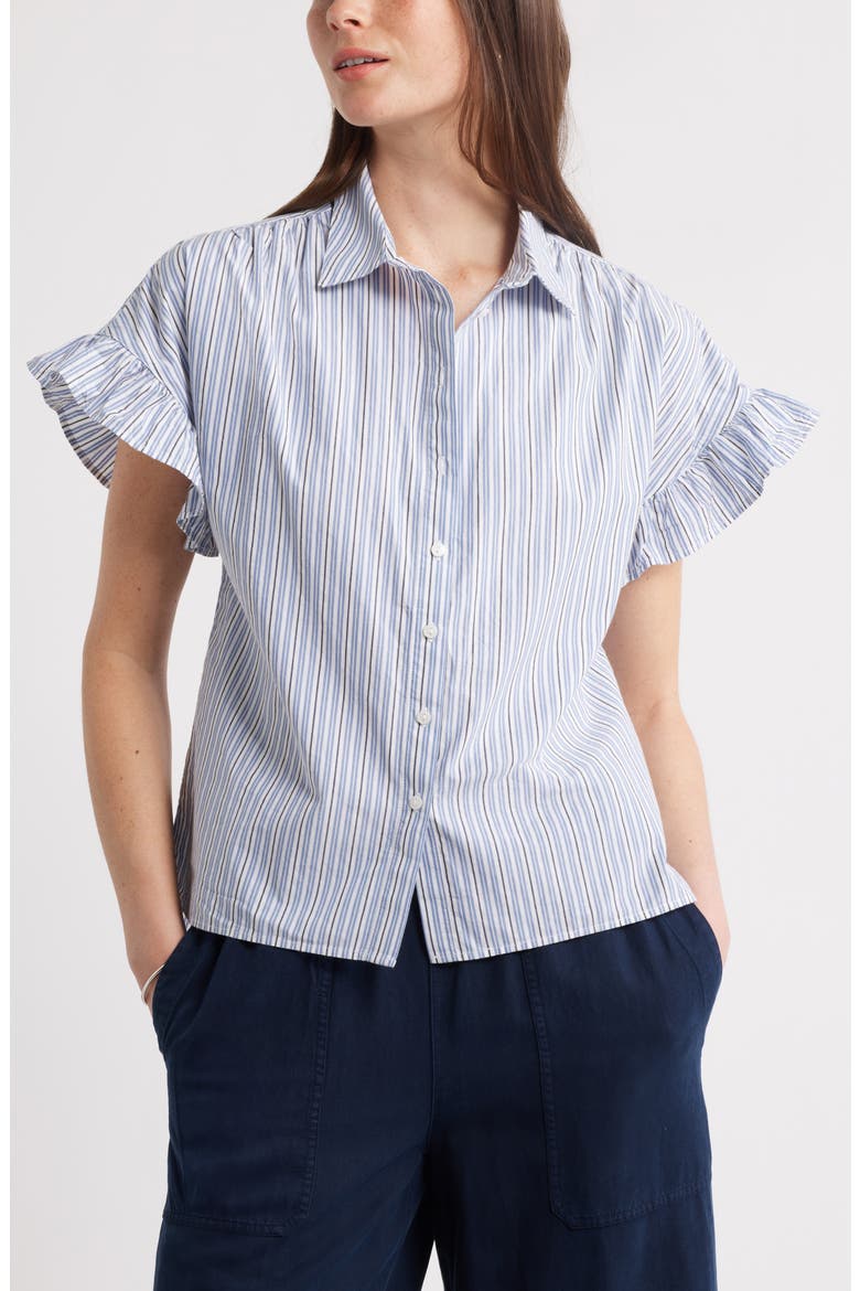 Stripe Ruffle Sleeve Shirt, Main, color, WHITE- NAVY CILL STRIPE